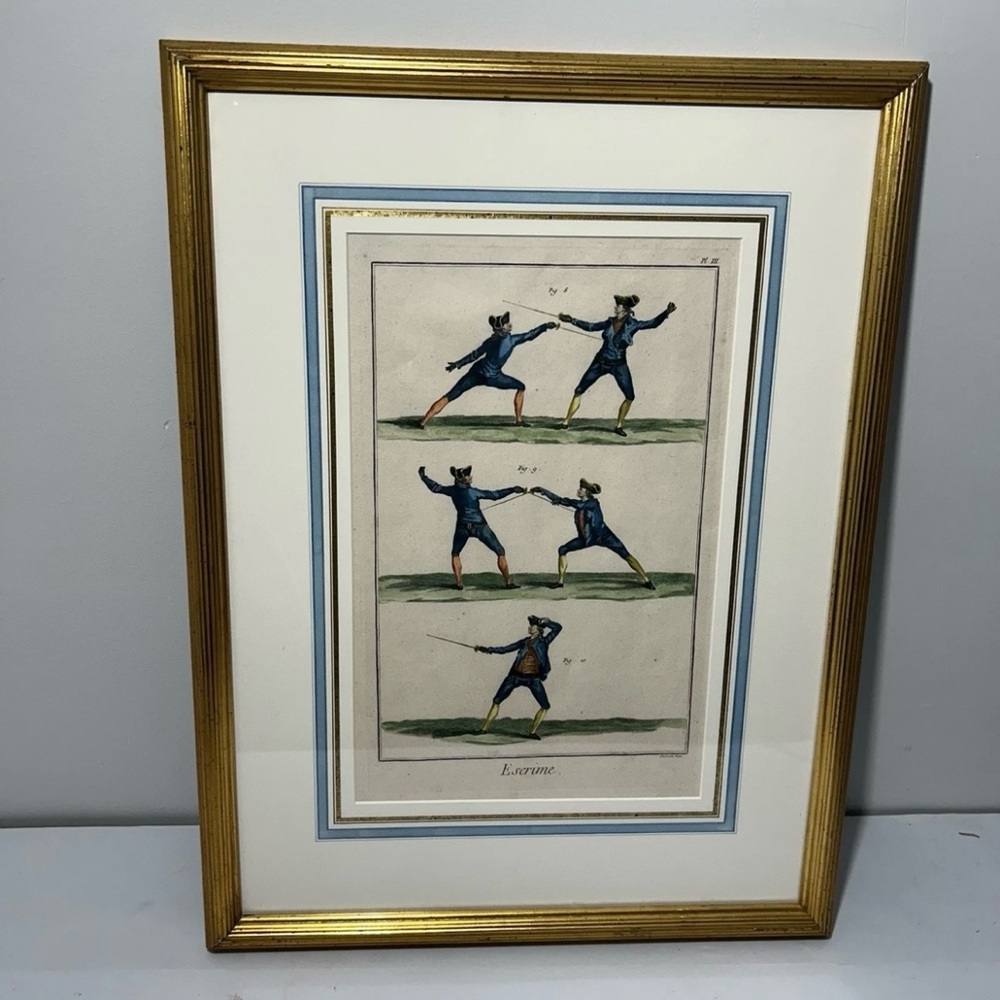 Antique Escrime Prevost Fecit Hand Colored Copper Plate Engraving Fencing Print